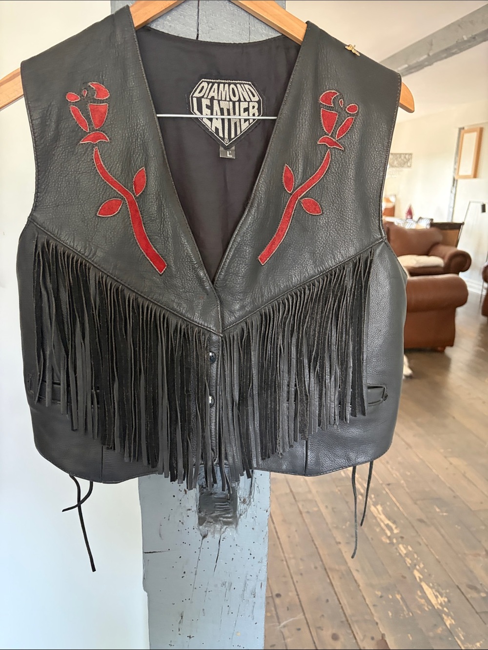 Black Fringe Vest with Red Rose Appliqué by diamond leather vintage